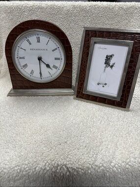 Renaissance Brown Faux Crocodile Texture Mantel Clock and Picture Frame Set